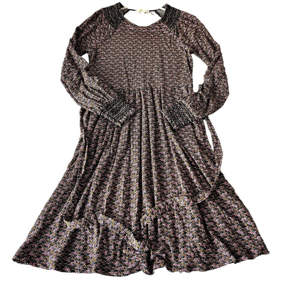Boden Dress 4L Floral Embroidered Long Sleeve Tie Back Midi Flowy Smocked Cuffs - Picture 1 of 12